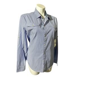 Calvin Klein Blue White  Classic Striped Button Down Shirt NWT Roll Tab Sleeve